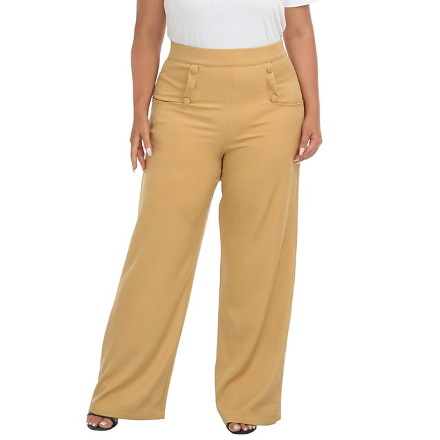 HDE Womens High Waisted Dress Pants Long Wide Leg Palazzo Trouser Tall SPlus Dark Khaki S