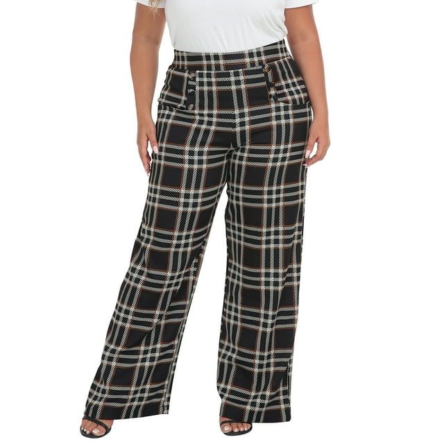 HDE Womens High Waisted Dress Pants Long Wide Leg Palazzo Trouser Tall SPlus Fall Plaid S