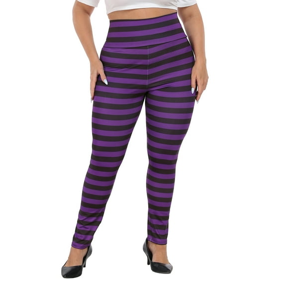 HDE Womens Plus Size Graphic Leggings Halloween Costume Tights Black and Purple Stripes 3X