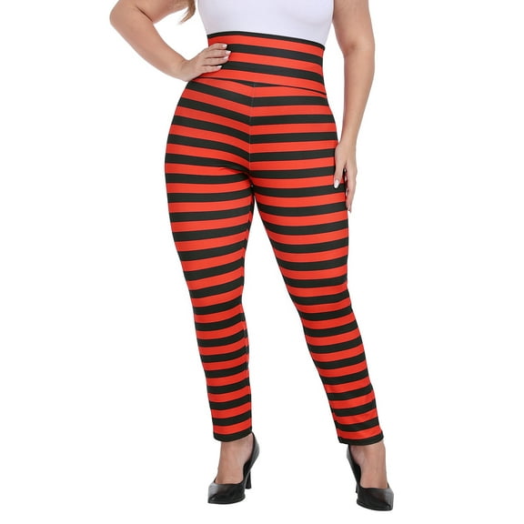 HDE Womens Plus Size Graphic Leggings Halloween Costume Tights Black and Red Horizontal Stripes 4X