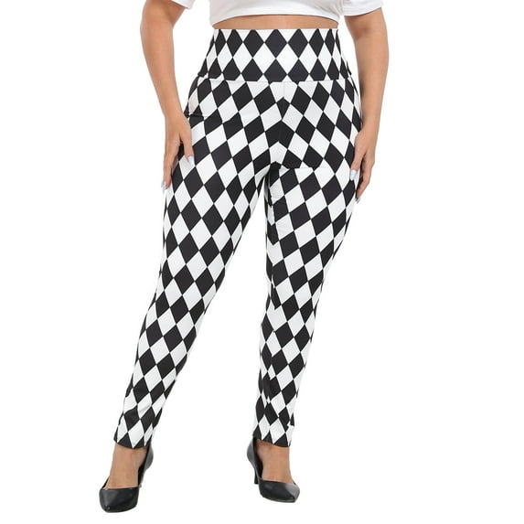 HDE Womens Plus Size Graphic Leggings Halloween Costume Tights Black and White Diamonds 1X
