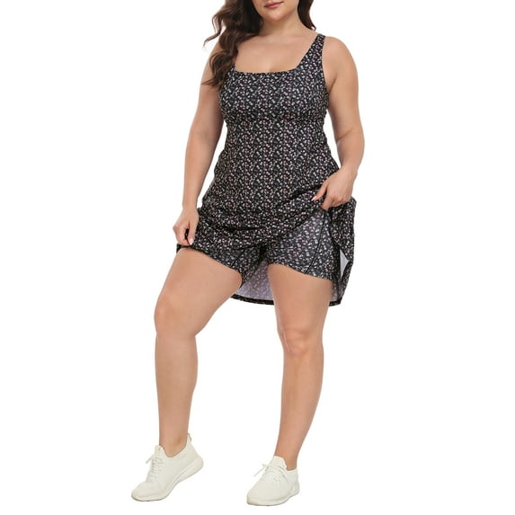 HDE Womens Plus Size Tennis Athletic Workout Dress with Built-in Shorts & Bra Black Ditsy Floral - 20