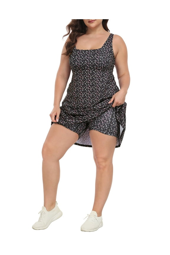 Womens Plus Size Tennis Athletic Workout Dress with Built-in Shorts & Bra Black Ditsy Floral - 24