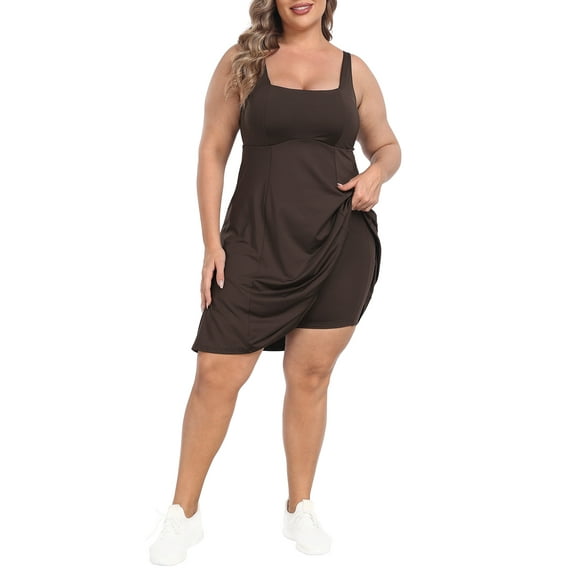 HDE Womens Plus Size Tennis Athletic Workout Dress with Built-in Shorts & Bra Brown - 16