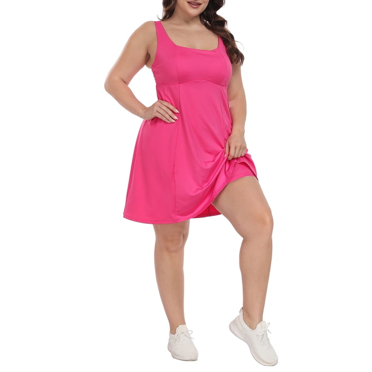 HDE Womens Plus Size Tennis Athletic Workout Dress with Built-in Shorts & Bra Hot Pink