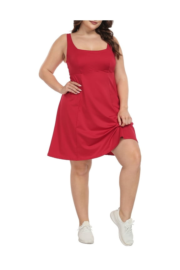 Womens Plus Size Tennis Athletic Workout Dress with Built-in Shorts & Bra Red - 20