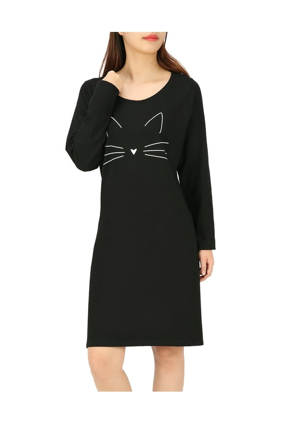Womens Sleepwear Cotton Nightgowns Long Sleeve Sleepshirt Print Night Shirt Cat L/XL