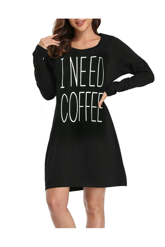 Womens Sleepwear Cotton Nightgowns Long Sleeve Sleepshirt Print Night Shirt (Need Coffee, 2XL/3XL)