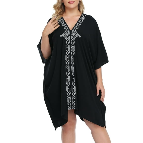 HDE Womens UPF 30+ Short Kaftan Cover Up Oversize Plus Size Swimsuit Shirt Dress Black