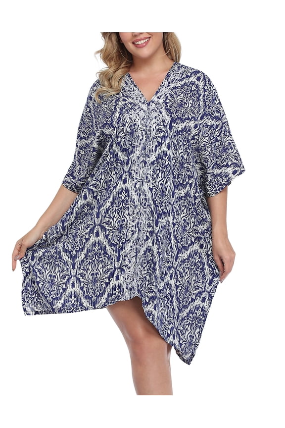 Womens UPF 30+ Short Kaftan Cover Up Oversize Plus Size Swimsuit Shirt Dress Navy Damask
