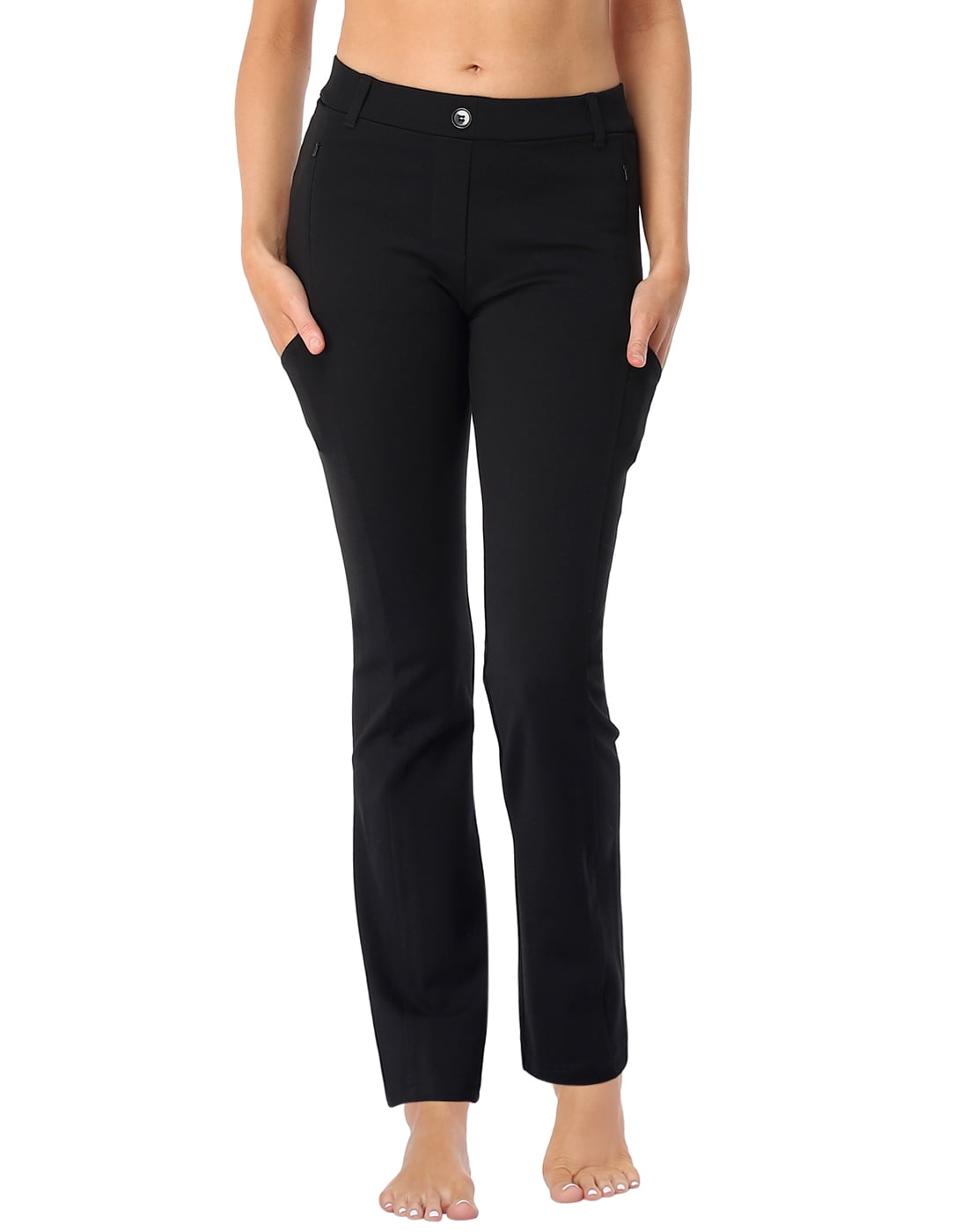 Yoga Dress Pants for Women Straight Leg Pull On Pants with 8 Pockets Black - L Regular