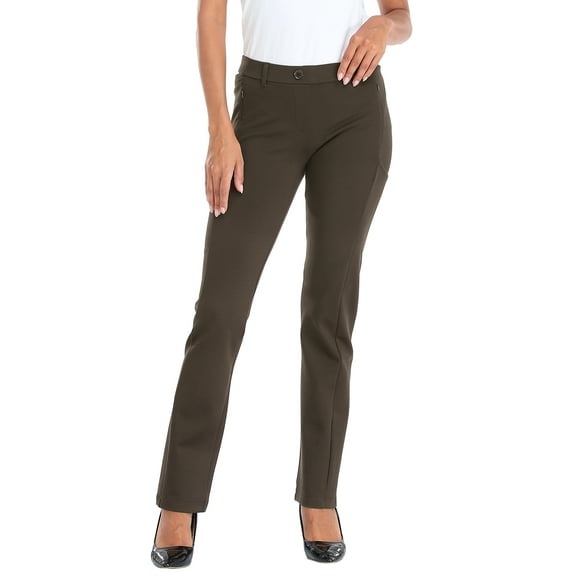 HDE Yoga Dress Pants for Women Straight Leg Pull On Pants with 8 Pockets Brown - M Long