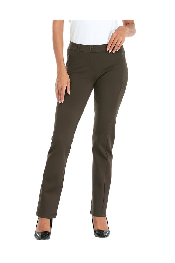 Yoga Dress Pants for Women Straight Leg Pull On Pants with 8 Pockets Brown - M Regular
