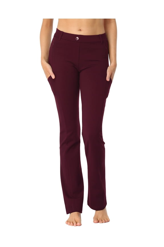 Yoga Dress Pants for Women Straight Leg Pull On Pants with 8 Pockets Burgundy - M Long