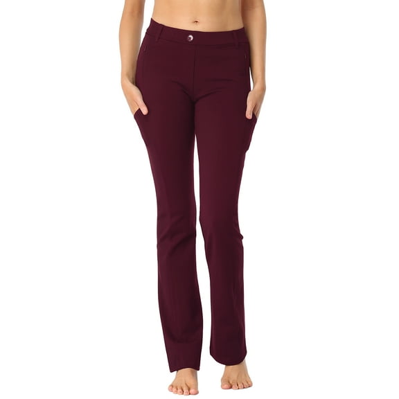 HDE Yoga Dress Pants for Women Straight Leg Pull On Pants with 8 Pockets Burgundy - XL Long