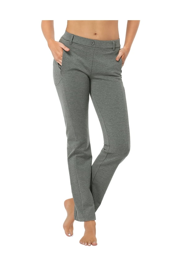 Yoga Dress Pants for Women Straight Leg Pull On Pants with 8 Pockets Heathered Charcoal - L Long