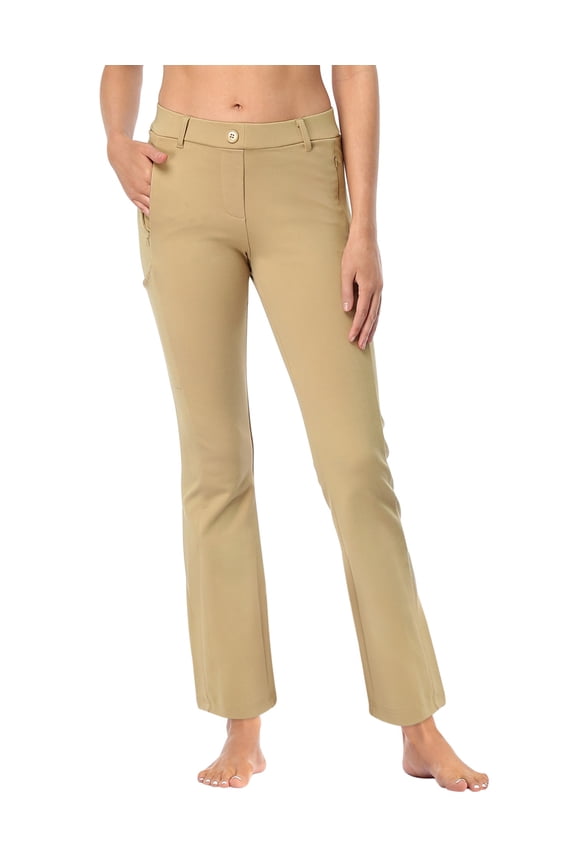 Yoga Dress Pants for Women Straight Leg Pull On Pants with 8 Pockets Khaki - M Long