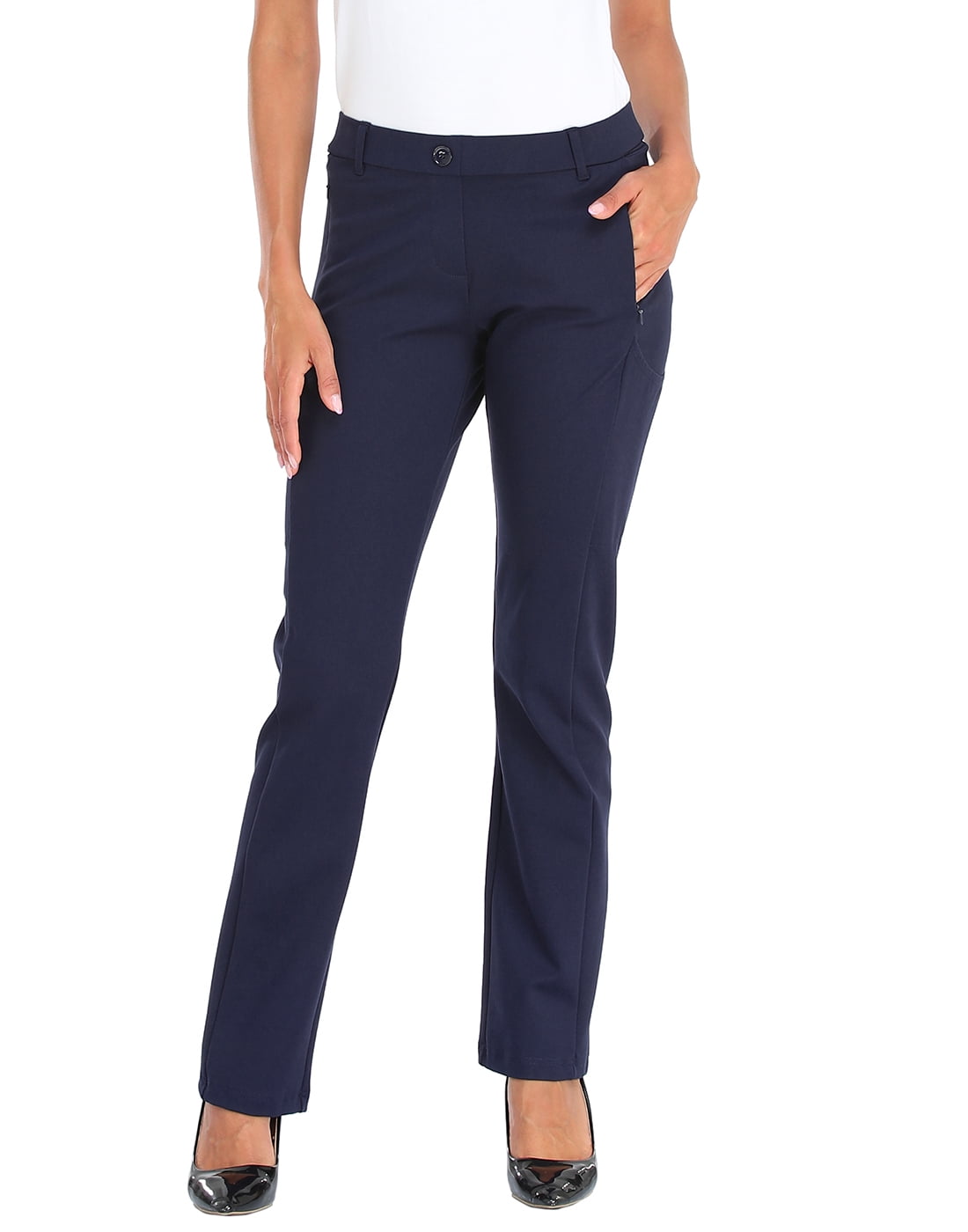 HDE Yoga Dress Pants for Women Straight Leg Pull On Pants with 8 Pockets  Navy Blue - L Regular