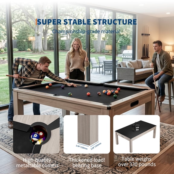 HDF Wood Grain 7FT All-in-One Game Table, Convertible Billiard Dining Table Tennis with Chrome Decoration