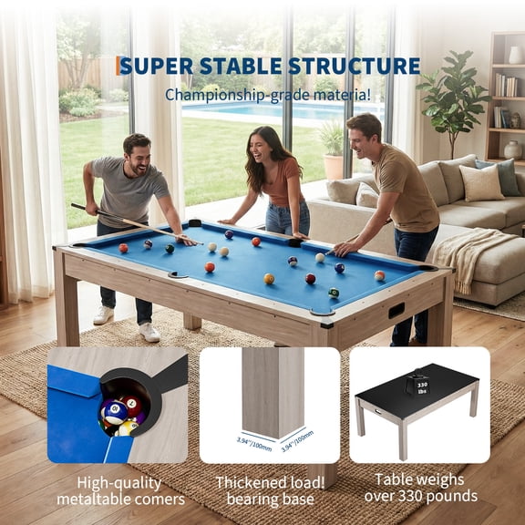 HDF Wood Grain 7FT All-in-One Game Table, Convertible Billiard Dining Table Tennis with Chrome Decoration