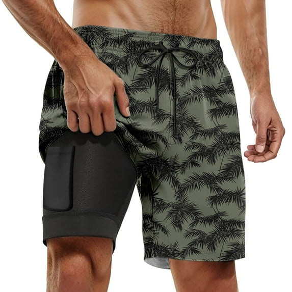 HDGB 2 in 1 Men's Swim Trunks with Compression Liner 9" with Zipper Pockets Quick Dry Bathing Suit Built-in Board Shorts Summer Beach Stretch Swimwear Army Green,L