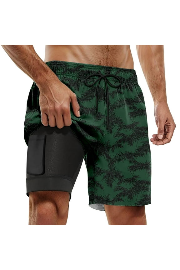 2 in 1 Men's Swim Trunks with Compression Liner 9" with Zipper Pockets Quick Dry Bathing Suit Built-in Board Shorts Summer Beach Stretch Swimwear Dark Green,M