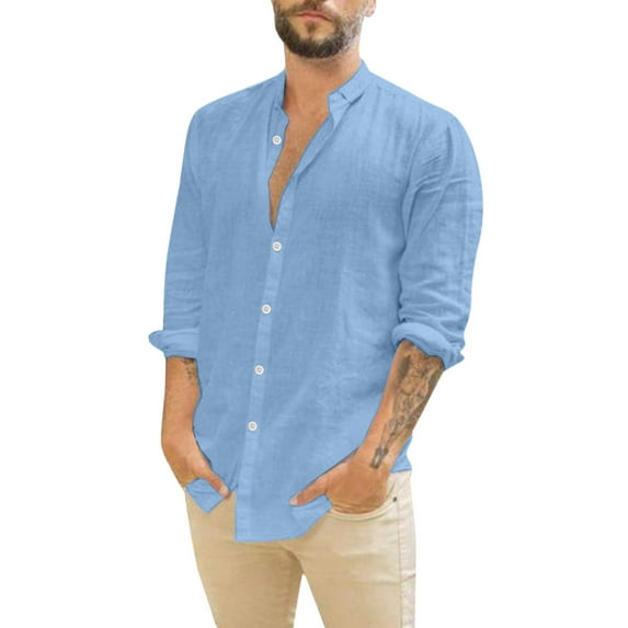 HDGB Linen Shirts for Men Casual Button Down Shirt Long Sleeve Cotton Beach Band Collar Summer Dress Shirts Chambray Work Shirt