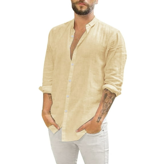 HDGB Linen Shirts for Men Casual Button Down Shirt Long Sleeve Cotton Beach Band Collar Summer Dress Shirts Chambray Work Shirt