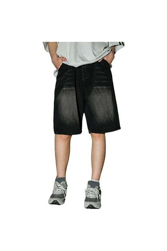 Men Women Denim Shorts Y2k Baggy Star Loose Fit Patchwork Jeans Casual Wide Leg Mid Jorts Zipper Hip Hop Shorts with Pockets Streetwear Black,M
