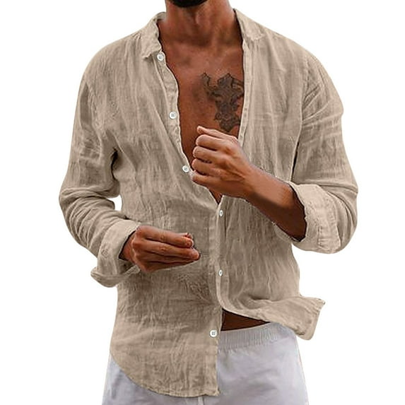 HDGB Men's Cotton Linen Gauze Shirts Long Sleeve V Neck Casual Button Down Blouse Solid Color Loose Tops Summer Band Collar Comfy Lightweight Beach Hippie Tee