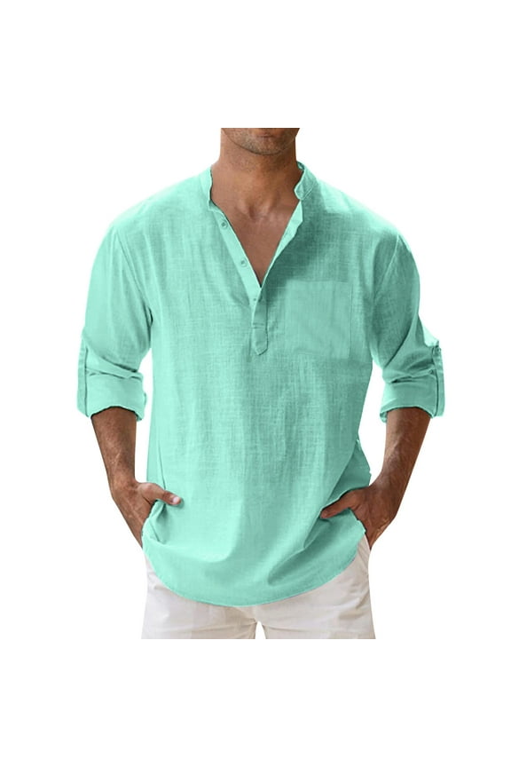 Men's Cotton Linen Henley Shirts with 3 Buttons, Casual 3/4 Sleeve Regular-Fit Band Collar T-Shirt Summer Lightweight Hippie Beach Tops with Pockets