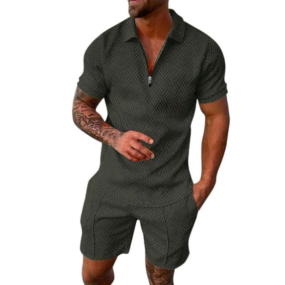 HDGB Mens Polo Shirt and Shorts Sets Short Sleeve Outfits 2 Piece Fashion Summer Tracksuits Casual Beachwear Breathable Zipper Polo and Pants Set