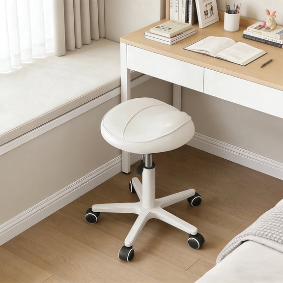 HDHNBA Adjustable Swivel Rolling Saddle Stool with Wheels Thick Padded Seat for Salon Office Home, White