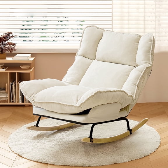 HDHNBA Extra Wide Upholstered Rocking Chair with Adjustable High Backrest for Nursery Bedroom Living Room, Beige