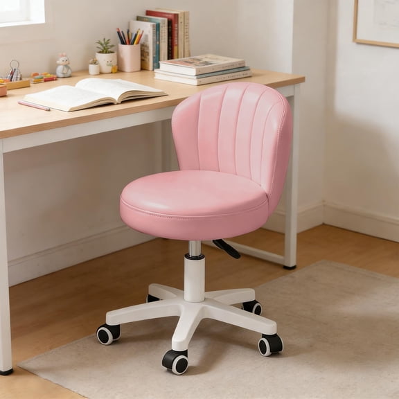 HDHNBA Low Back Small Round PU Leather Armless Height Adjustable Swivel Rolling Vanity Desk Chair, Pink