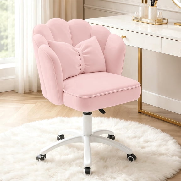 HDHNBA Mid Back Velvet Petal Upholstered Vanity Desk Chair with Bow Cushion and Wheels