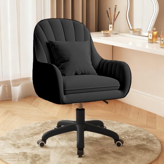 HDHNBA Mid Back Velvet Upholstered Swivel Rolling Vanity Desk Chair with Wheels, Black