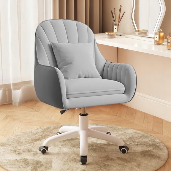 HDHNBA Mid Back Velvet Upholstered Swivel Rolling Vanity Desk Chair with Wheels, Gray