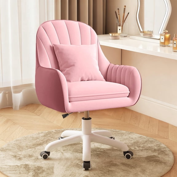 HDHNBA Mid Back Velvet Upholstered Swivel Rolling Vanity Desk Chair with Wheels, Pink