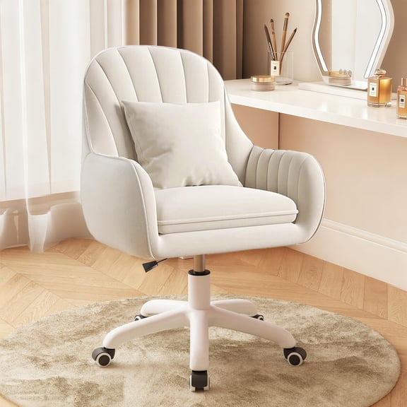 HDHNBA Mid Back Velvet Upholstered Swivel Rolling Vanity Desk Chair with Wheels, White