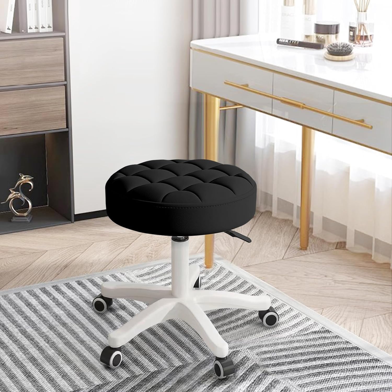 HDHNBA Small Chair Round Rolling Stool with Wheels PU Leather Height ...