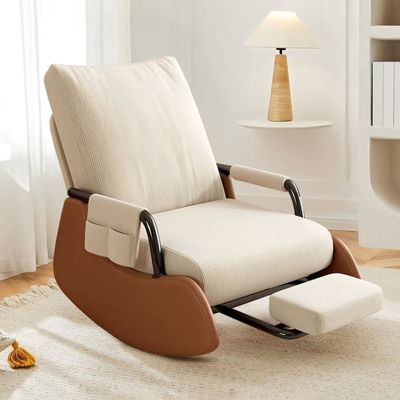 HDHNBA Upholstered Adjustable Glider Rocking Chair with Footrest Side Pocket for Nursery Living Room, Beige