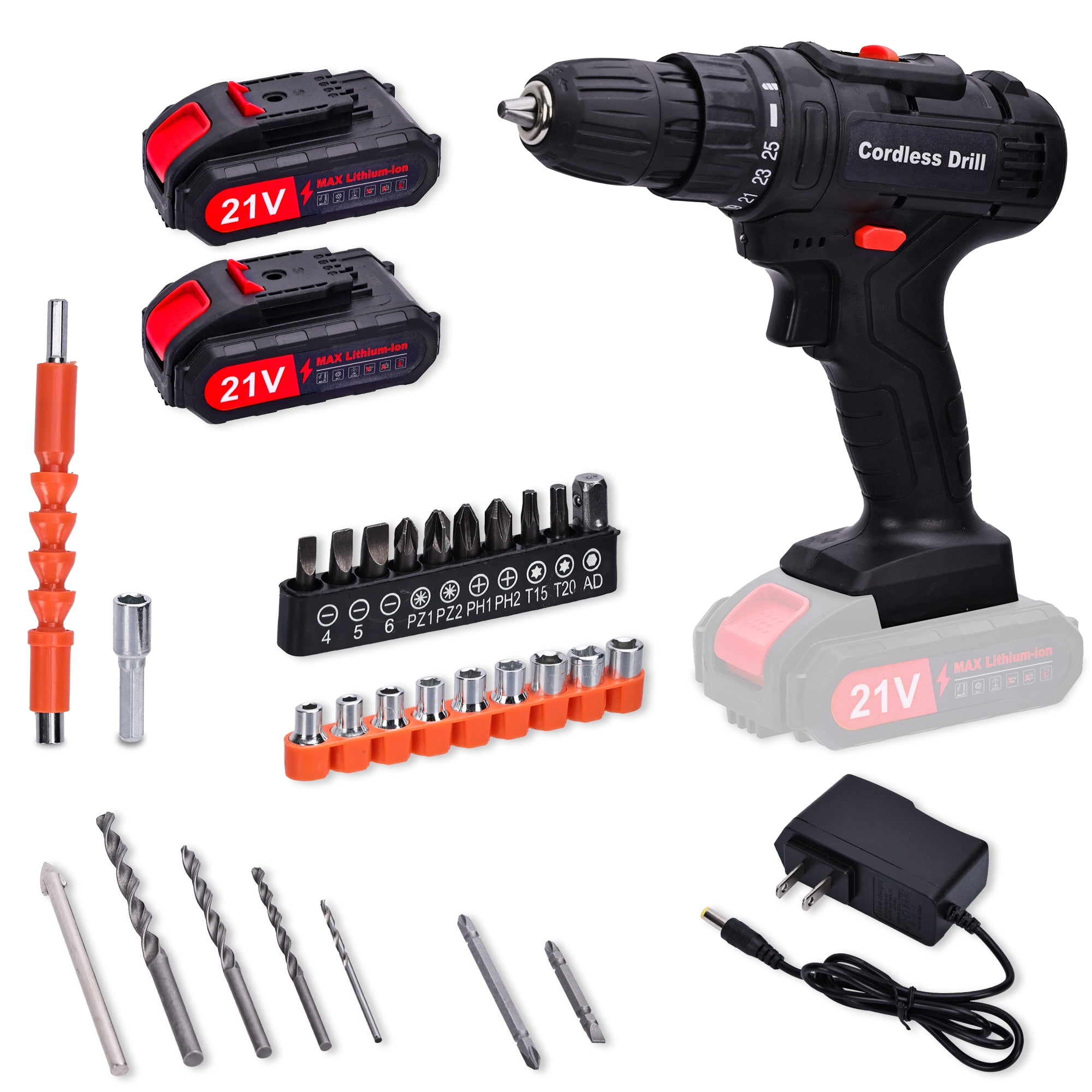HDJ 21V Max Cordless Drill with 2 Batteries, 3/8'' Electric Drill Drivers Set Variable Speed ,Black