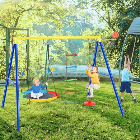 HDJ 4 In 1 Outdoor Toddler Kids Saucer Swing Set,8.5FT Large Playground Tree Swing Playset with Steel Frame,Climbing Rope,Basketball Hoop