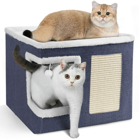 HDJ Indoor Pet Bed for Cats, Covered Foldable Kennel Bed with Scratching Board, Suitable for Many Small Pets, Dark Blue