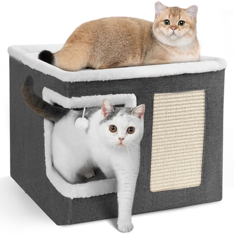 HDJ Indoor Pet Bed for Cats, Covered Foldable Kennel Bed with Scratching Board, Suitable for Many Small Pets, Dark Gray