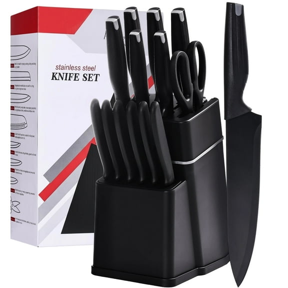 HDJ Kitchen Knife Set, 14Pcs Knife Set with Block and Built-in Sharpener, Healthy Anti-Rust Coating, Black