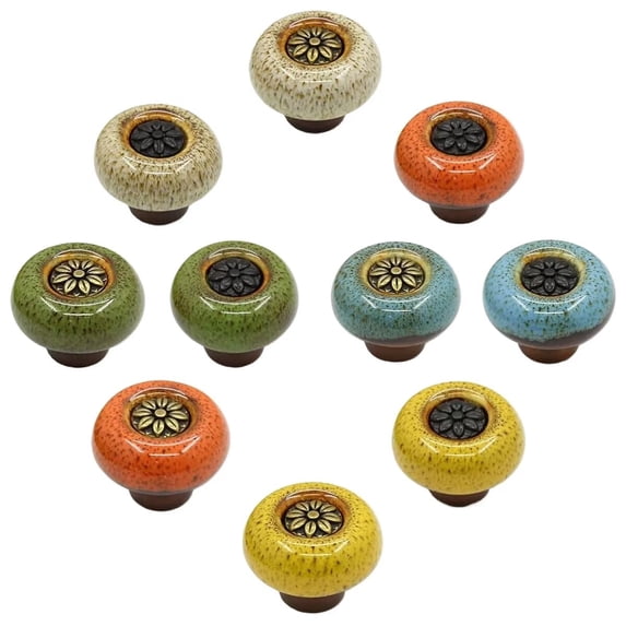 HDJNal 10 Pcs Vintage Ceramic Door Drawer Handles, 32mm Round Drawer Knobs, Furniture Knobs, Door Knobs, Furniture Handles for Cupboards , Dresser , Kitchen, Children's Room (Multi-color)