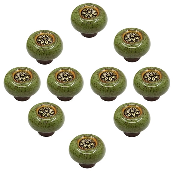 HDJNal 10 Pcs Vintage Ceramic Door Drawer Handles, 32mm Round Drawer Knobs, Furniture Knobs, Door Knobs, Furniture Handles for Cupboards , Dresser , Kitchen, Children's Room (Bronze-Green)