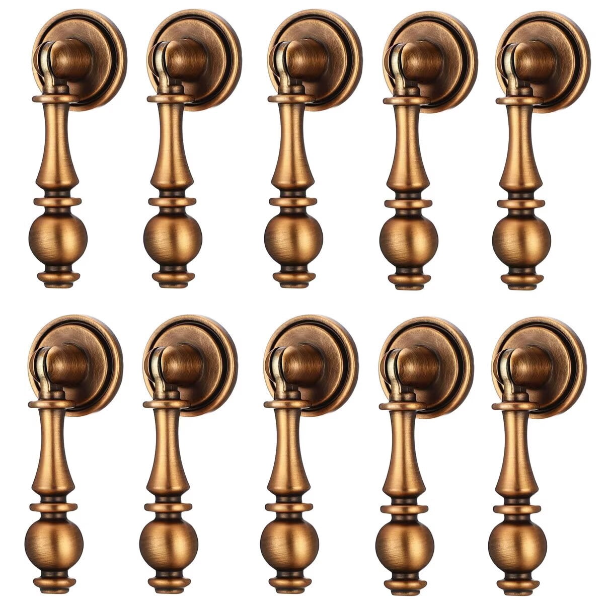 HDJNal 10 Pcs Vintage Drop Cabinet Pulls 2.55 Inch Zinc Alloy Drawer Handles Antique Brass Dresser Knobs Decorative Pendant Style Hardware for Kitchen Cabinets Nightstand Cupboard